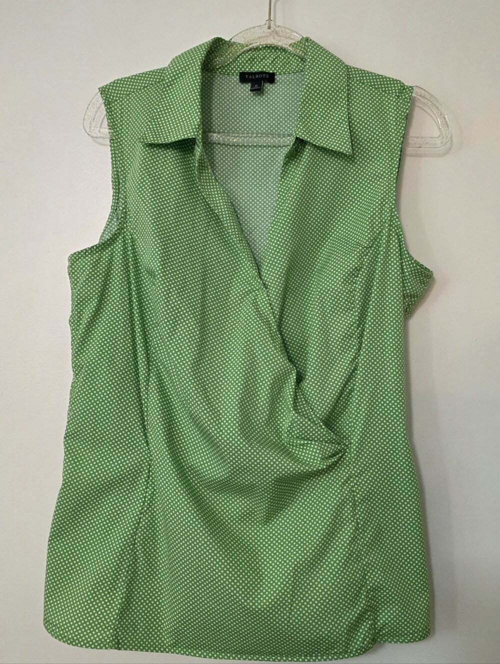Talbots Sleeveless Green & White Polka Dot Faux Wrap Top Preppy Mod Retro Sz 12